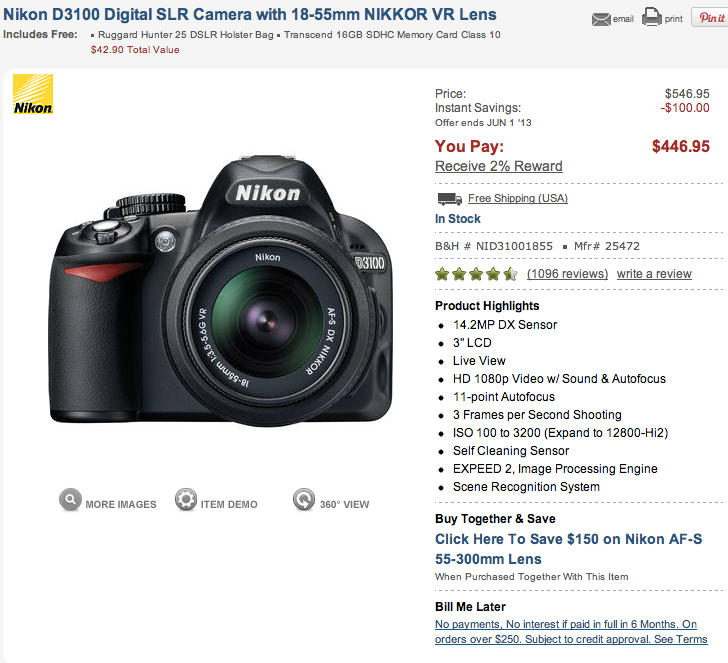 Screenshot of B&H's product detail page for the Nikon D3100 (click to enlarge)
