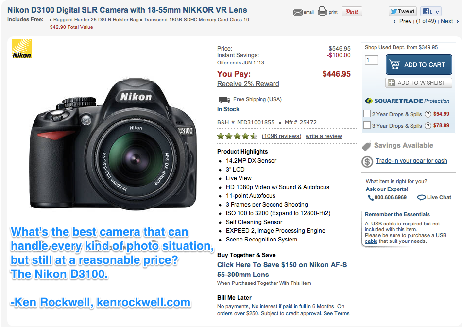 Screenshot of B&H's product detail page with endorsement from other people's blogs for the Nikon D3100 (click to enlarge)