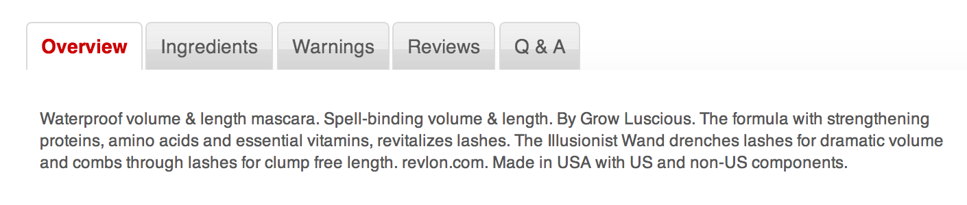 product information example for revlon lash potion volume & length waterproof mascara