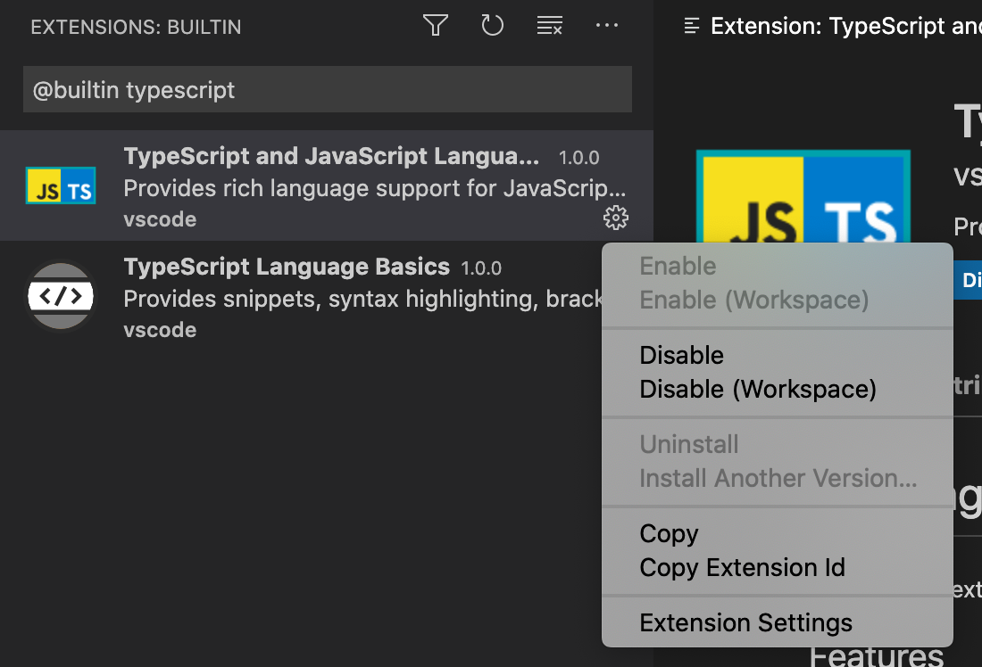 screenshot showing how to disable V S Code builtin TypeScript support