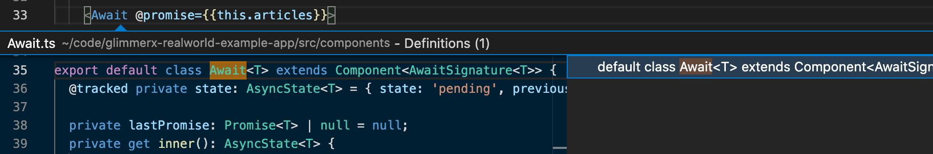 screenshot showing jumping to the definition of a component from where it is invoked in the template