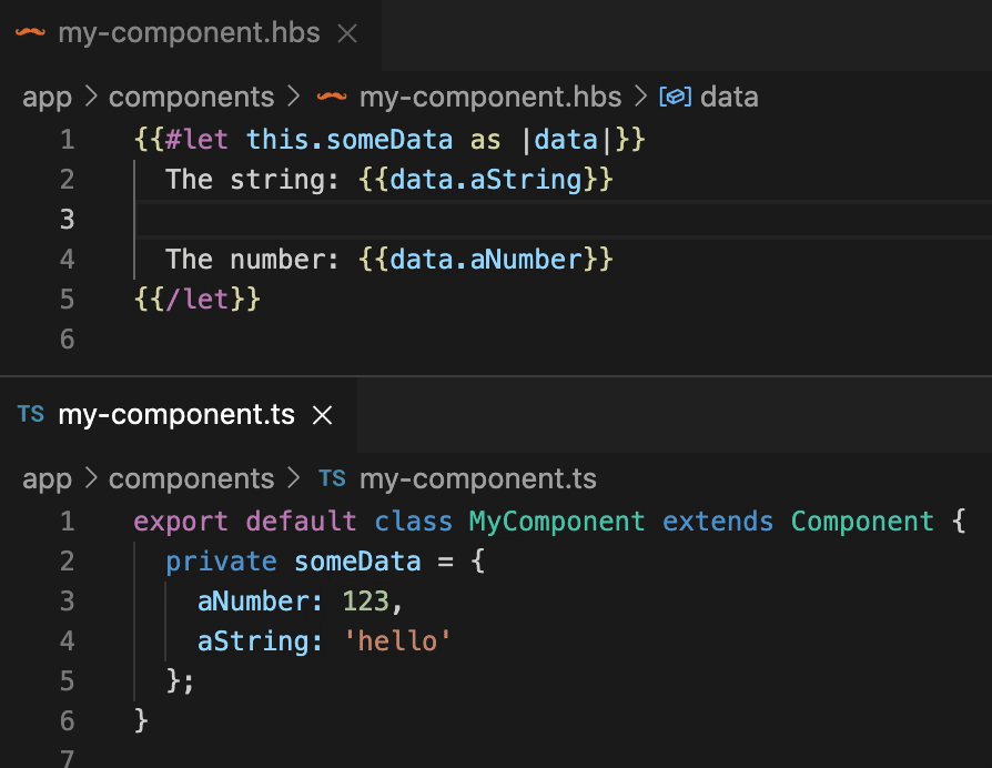 animated gif showing renaming a property in the template and the property name updating in the component class