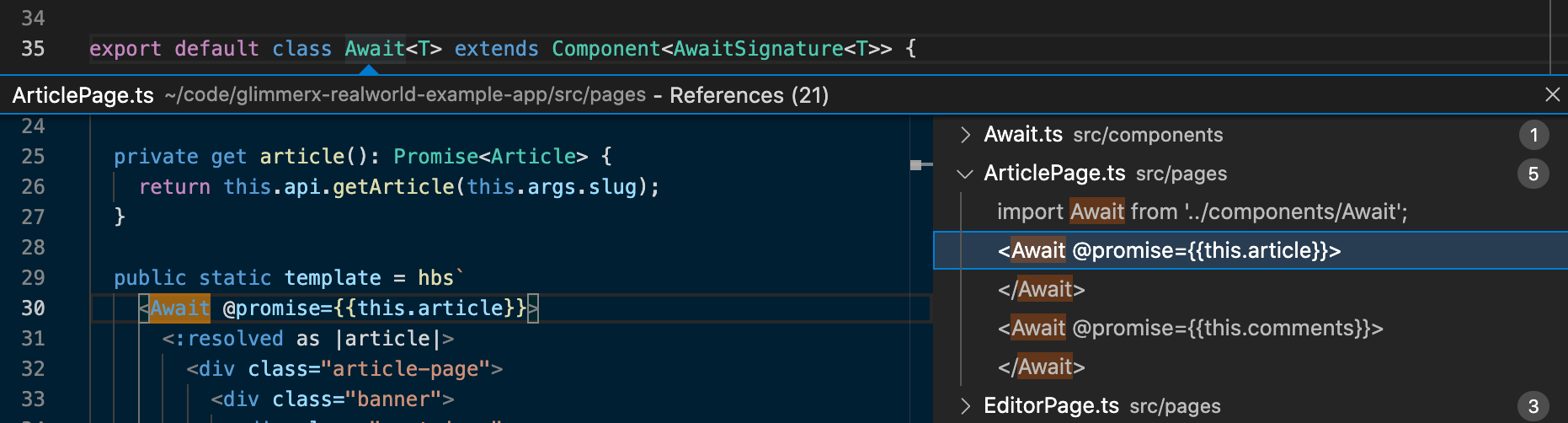 screenshot showing all invocations of a component