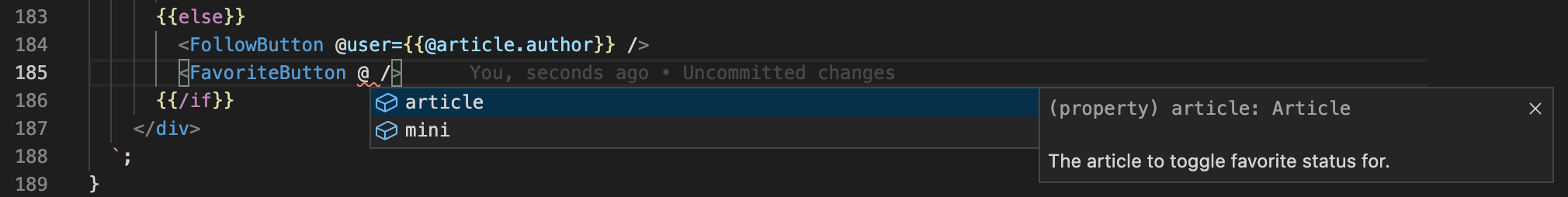 screenshot showing auto-complete of component arguments in the component's template
