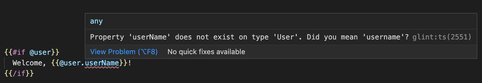 screenshot showing a type error on a component property in a template due to incorrect capitalization