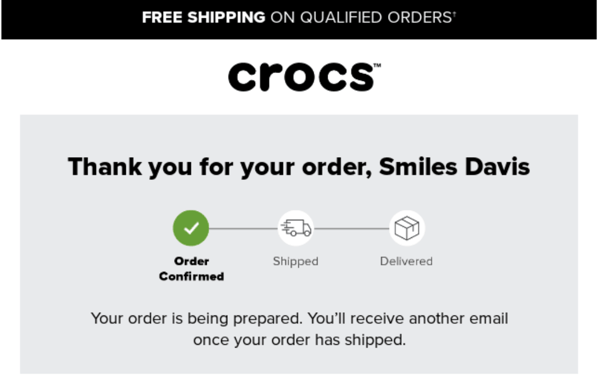 screenshot of email marketing types from crocs to show shipping status update