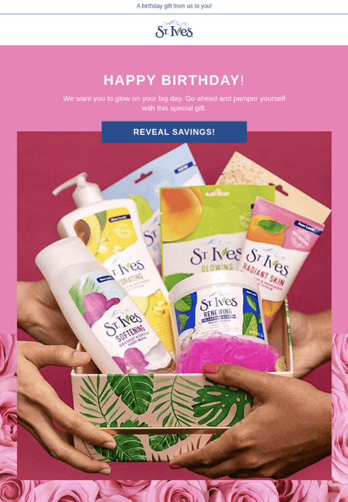 screenshot example of email marketing types from st. ives giving a birthday discount