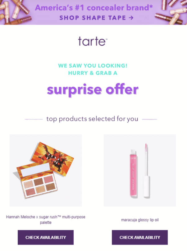 screenshot of email marketing examples from tarte with product recommendations