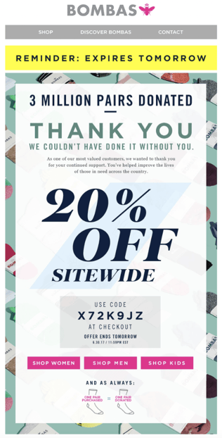 screenshot example of email marketing types from bombas giving a thank you coupon