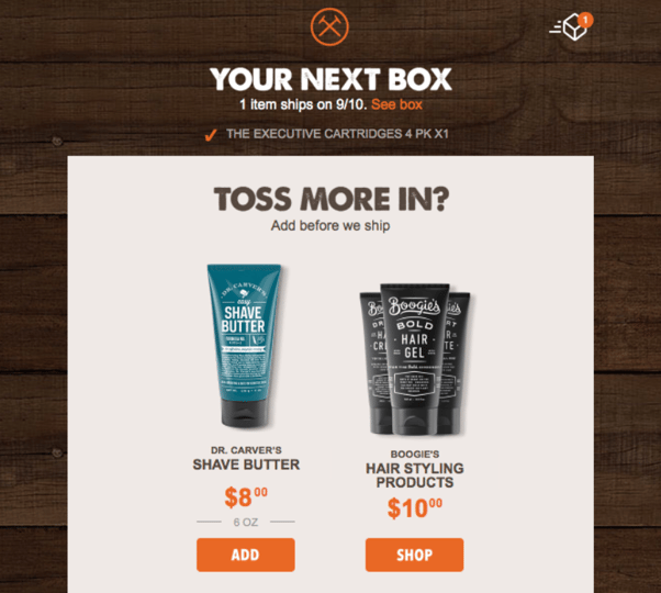 screenshot of email marketing types example from dollar shave club to show upsell for subscriptions