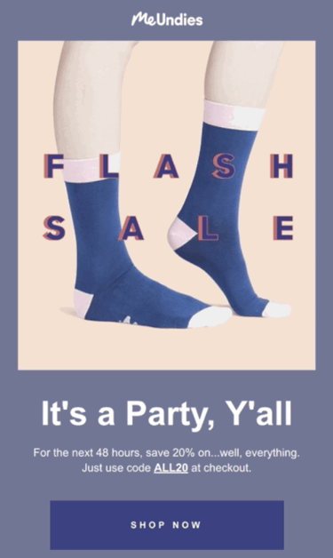 screenshot example of email marketing types from meundies having a flash sale