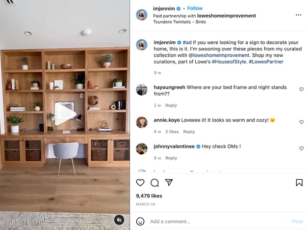 screenshot of Jenn Im's Instagram post in partnership with Lowe's to show her curated home collection | influencer partnerships