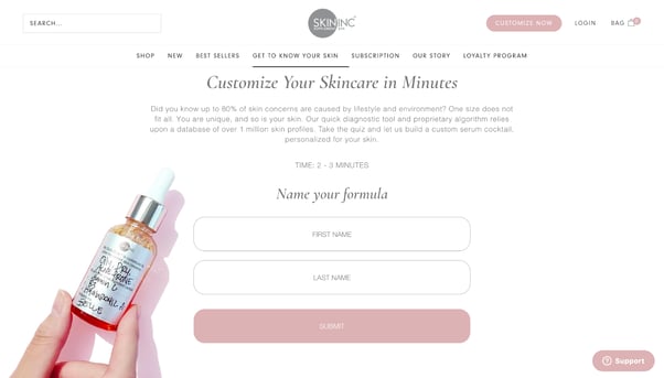 screenshot of skin inc's website showing how customers can start making personalized products and "customize your skincare in minutes"