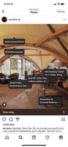 West Elm Instagram post of a living room with products tagged 