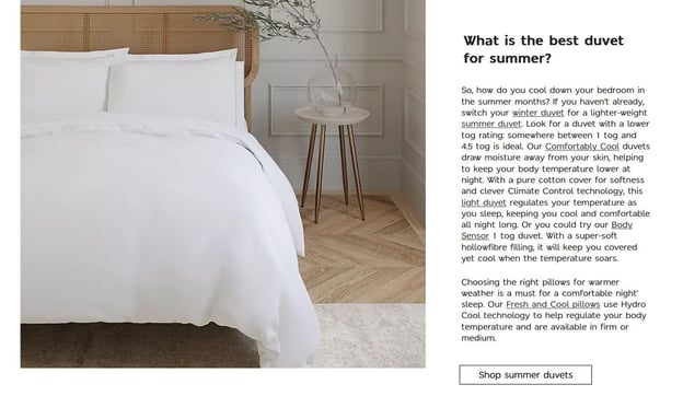 Marks & Spencer blog post that features a bed with a white duvet cover and a rattan headboard