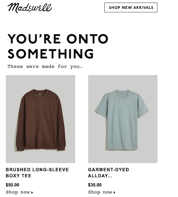 Madewell follow-up email for men’s clothing product suggestions