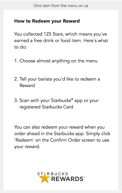 screenshot example of email marketing types from starbucks offering a rewards email