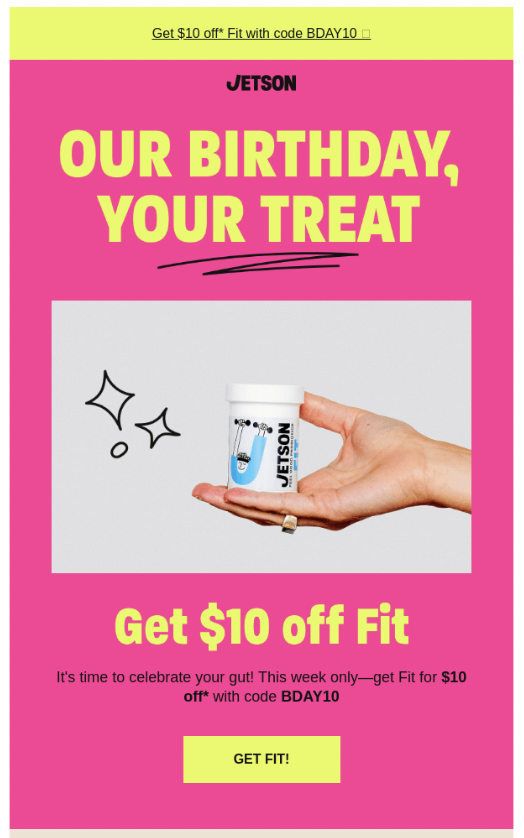 jetson health email marketing for ecommerce example screenshot showing a $10 off birthday treat