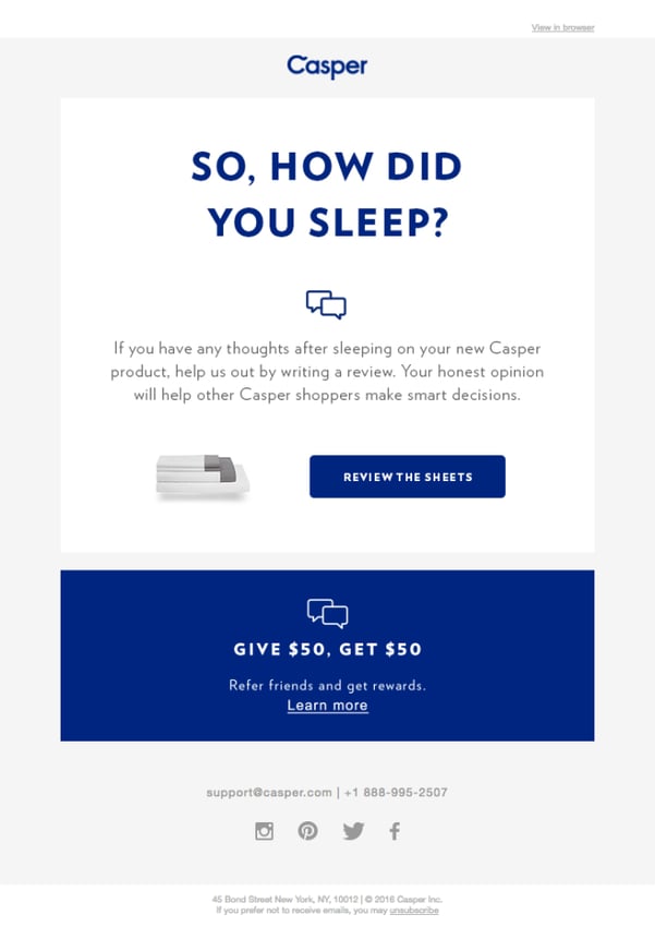screenshot example of email marketing types from casper asking for feedback