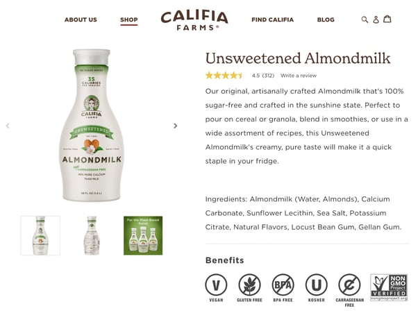 screenshot of califia farms product page showing retail experience examples