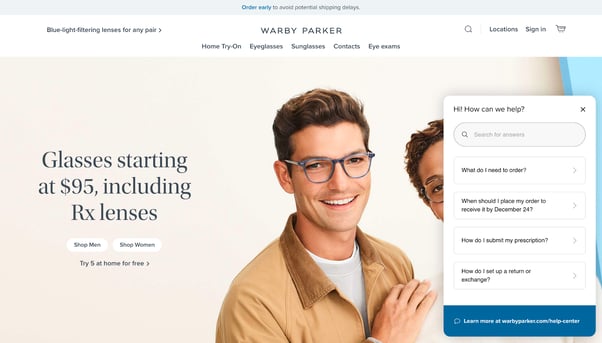screenshot of warby parker showing retail experience examples and chat