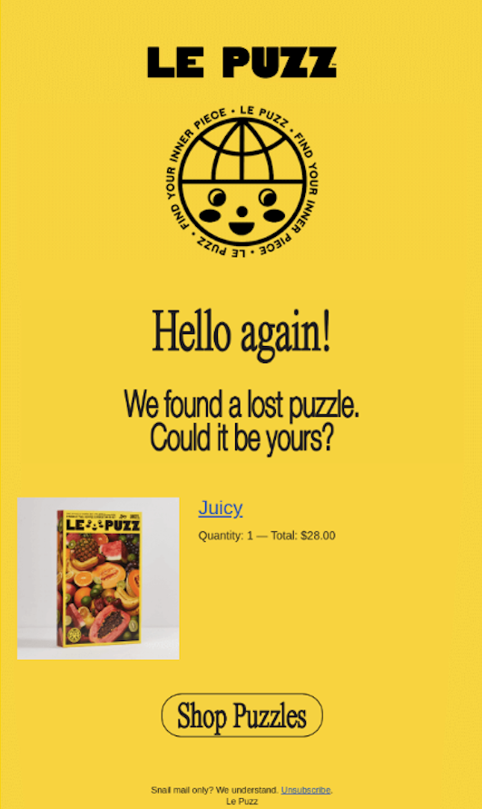 Le Puzz abandoned cart email promoting a puzzle 