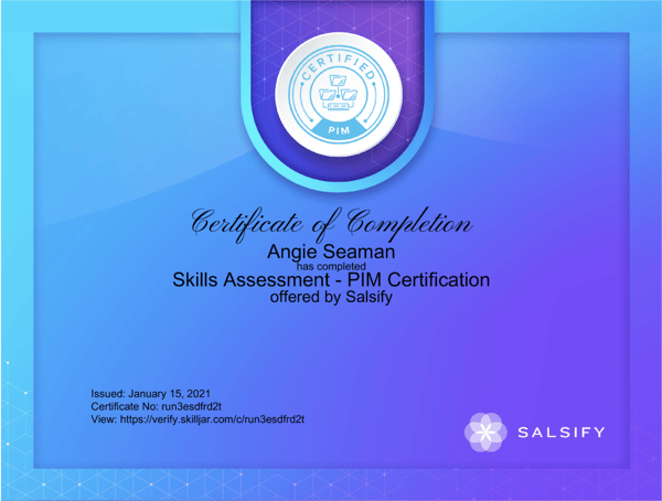 Salsify Certificate of Completion PIM Certification Example