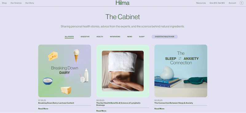 Wellness brand Hilma’s blog called The Cabinet ecommerce competitive analysis