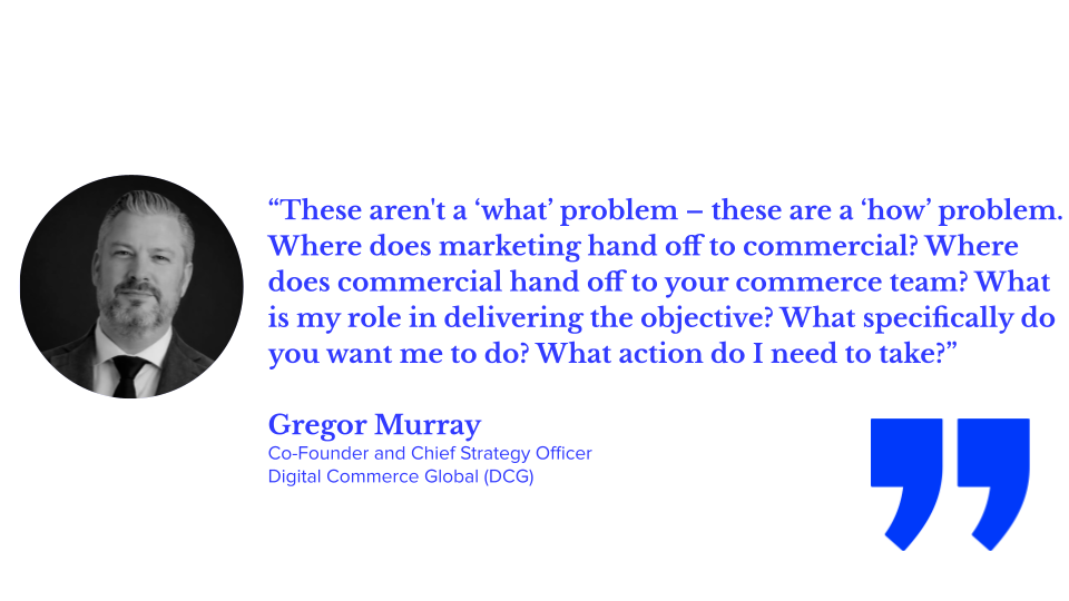 ALT TEXT: “These aren't a ‘what’ problem – these are a ‘how’ problem. Where does marketing hand off to commercial? Where does commercial hand off to your commerce team? What is my role in delivering the objective? What specifically do you want me to do? What action do I need to take?” — Gregor Murray, Co-Founder and Chief Strategy Officer, Digital Commerce Global (DCG)
