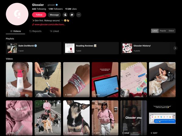 Glossier TikTok profile exhibits the customer buying journey