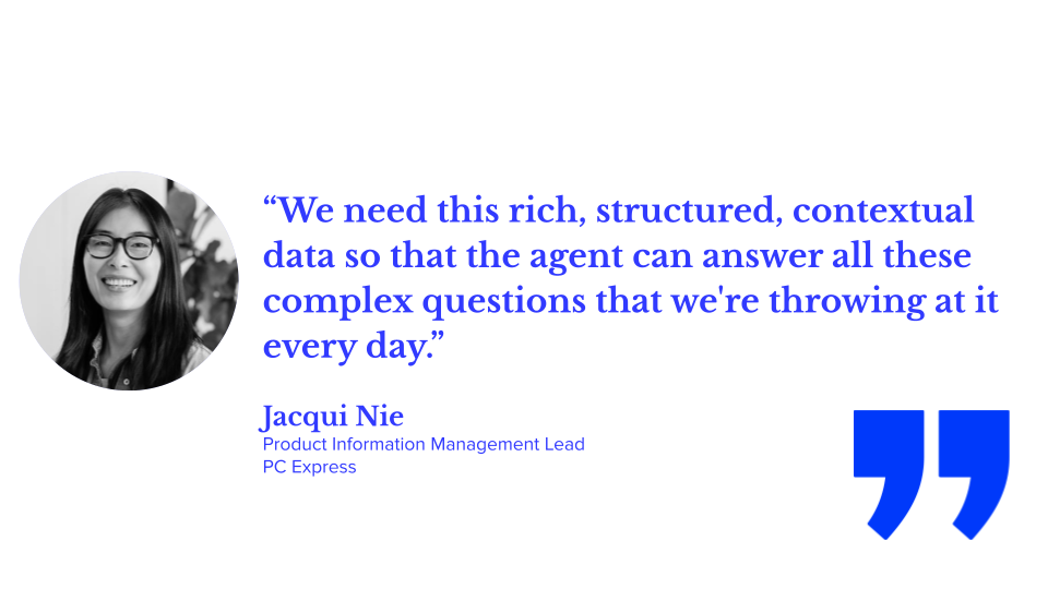“We need this rich, structured, contextual data so that the agent can answer all these complex questions that we're throwing at it every day.” Jacqui Nie, product information management lead at PC Express.