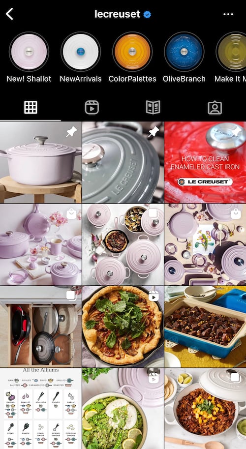 screenshot of le creuset's instagram profile showing recipes and more plus strategy for social media marketing
