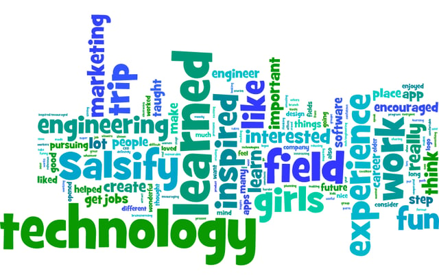 The students that attended our first STEM field trip wrote a couple sentences about their learning experience at Salsify and then sent us this Wordle to summarize all the sentences.