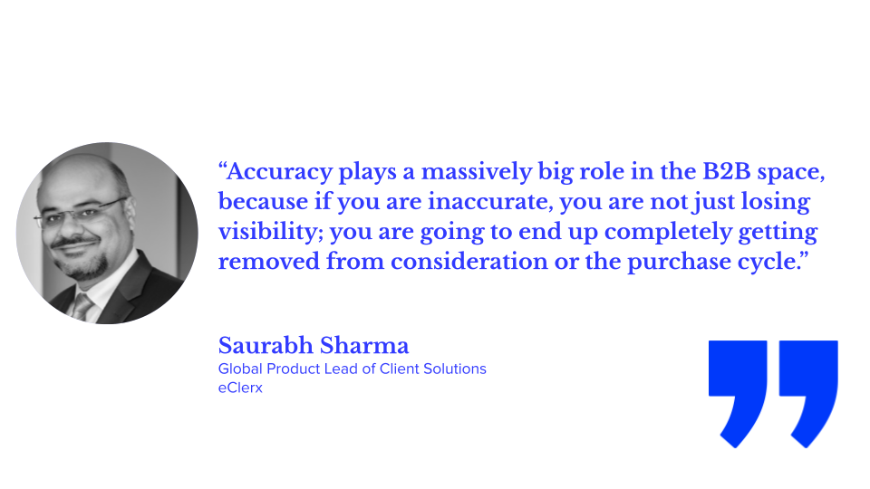 “Accuracy plays a massively big role in the B2B space, because if you are inaccurate, you are not just losing visibility; you are going to end up completely getting removed from consideration or the purchase cycle.” Saurabh Sharma, global product lead of client solutions at eClerx