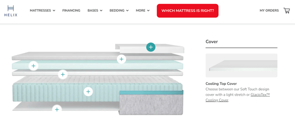 A screenshot of the helix mattress home page