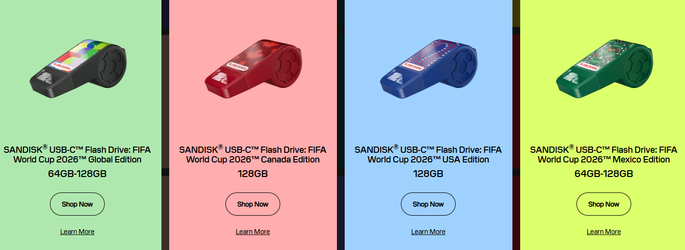SanDisk exclusive product launches of flash drives for World Cup 26, also showing product content syndication, omnichannel marketing, retailer compliance