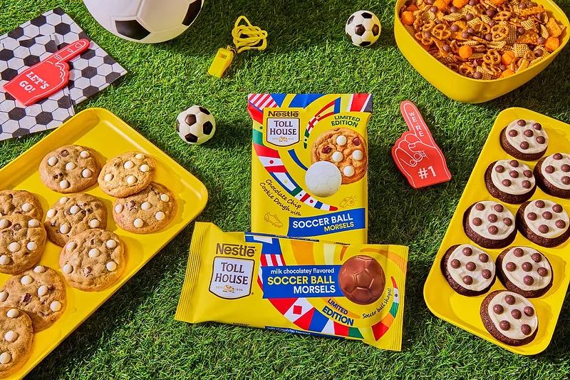 Nestlé Toll House exclusive product launches for World Cup 26 included soccer ball-shaped morsels, showing product content syndication, omnichannel marketing, retailer compliance