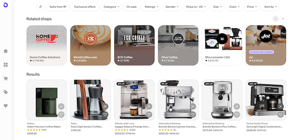 Image Alt Text: Screenshot of Shop's coffee machine curated commerce search results.