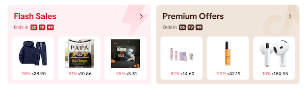 Screenshot of TikTok Flash Sales and Premium Offers, an example of curated commerce.