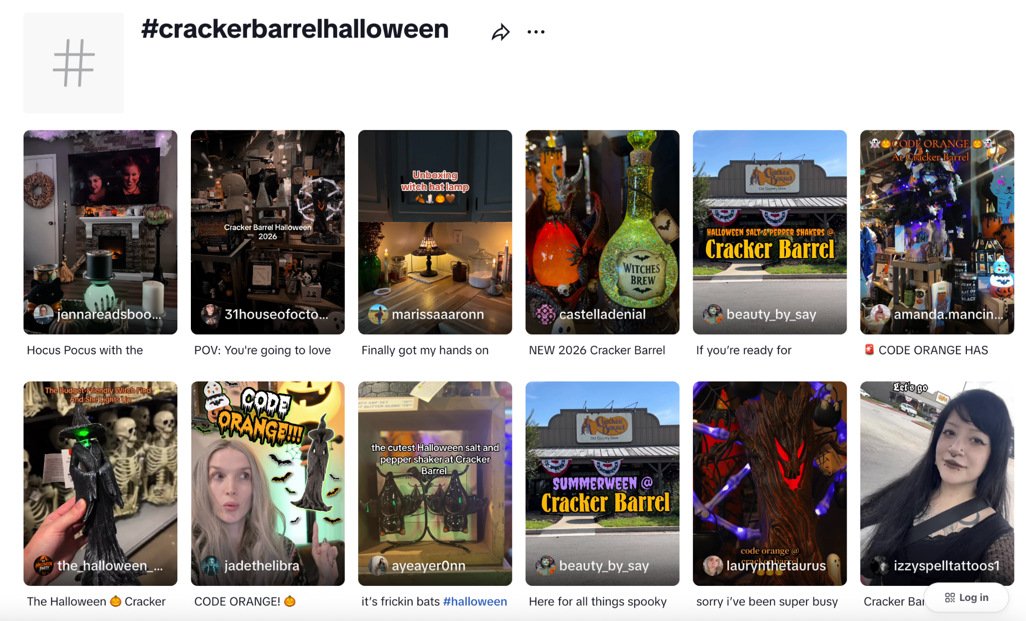 Screenshot of the results from the hashtag cracker barrel halloween on TikTok illustrates halloween trends, summerween trends, and halloween in july.