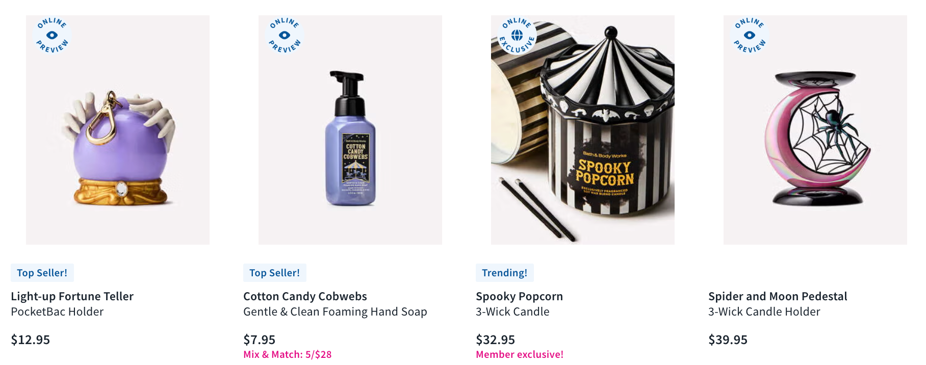Screenshot of Bath & Body Works’ collection of items to help celebrate summerween, halloween in july, and halloween trends.
