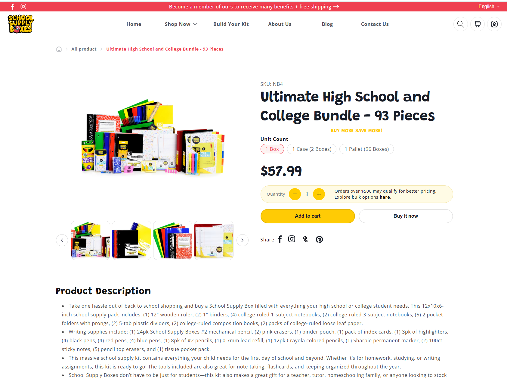 School Supply Boxes ultimate high school and college bundle - 93 pieces illustrates back-to-school product bundling; ecommerce strategy, brand strategy, bundling strategy