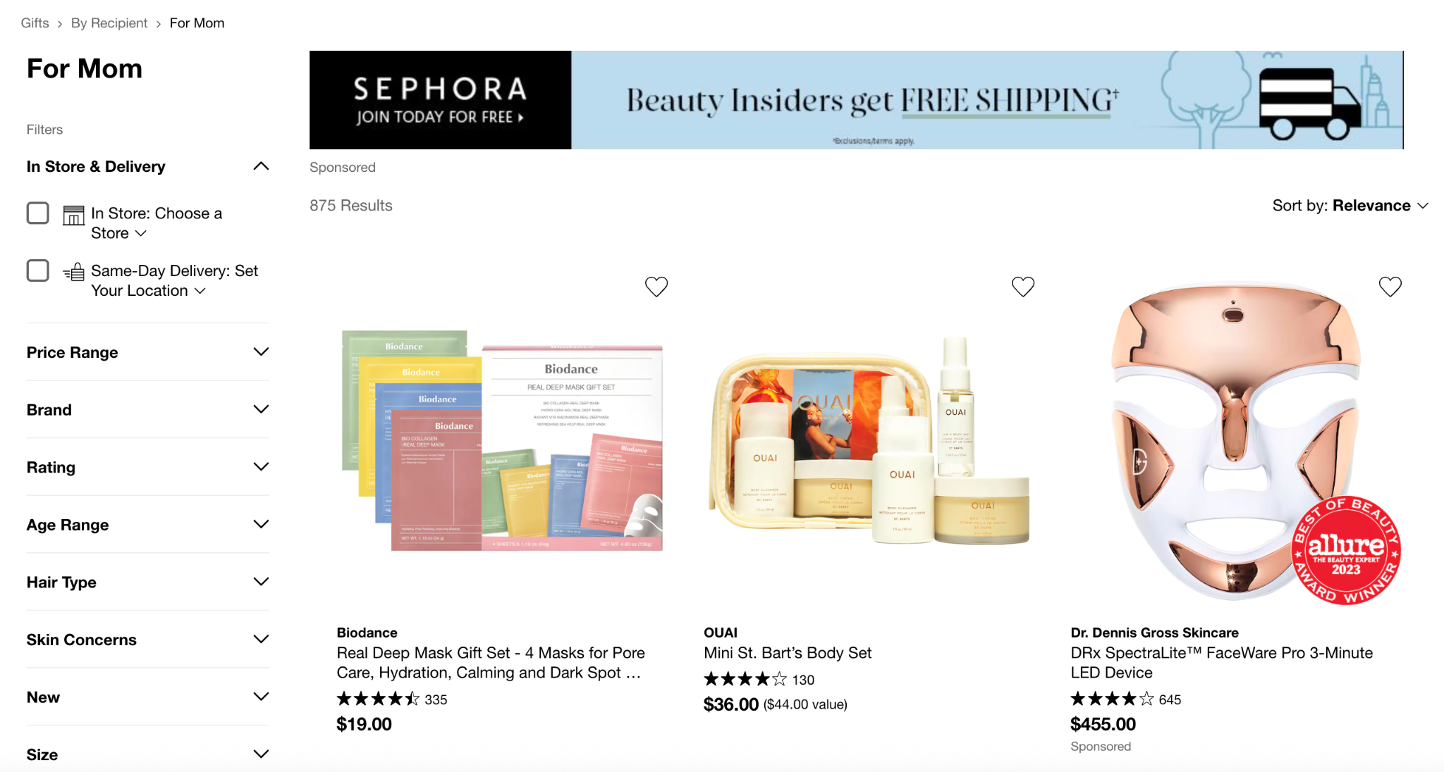 Screenshot of Sephora site offering gifts for Mother’s Day and Mother’s Day shopping trends