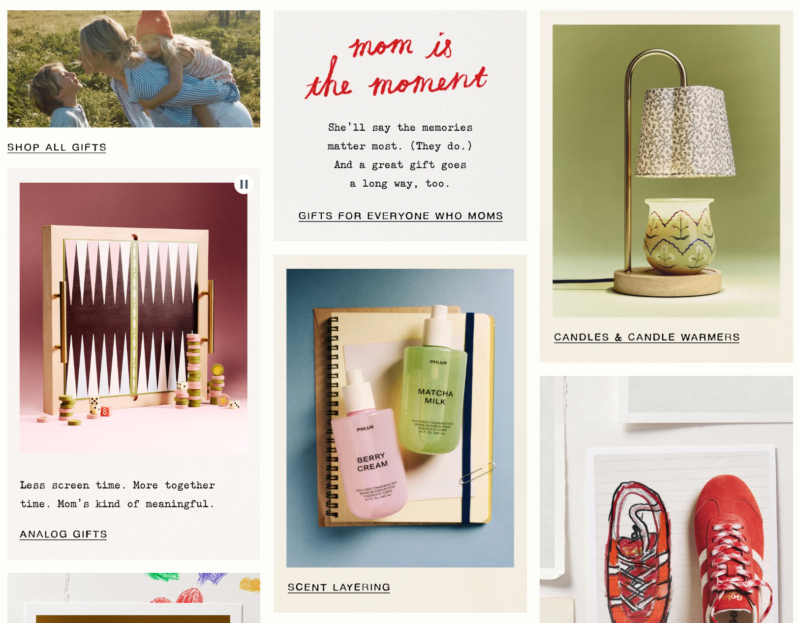 Screenshot of Anthropologie offering gifts for Mother’s Day and Mother’s Day shopping trends