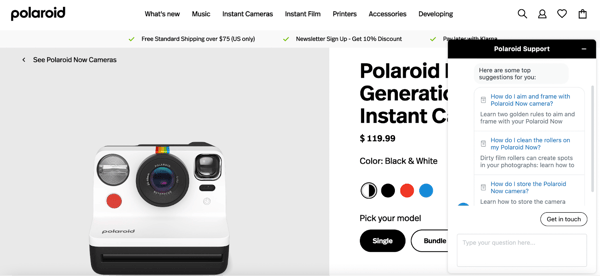 polaroid website support chat and product page