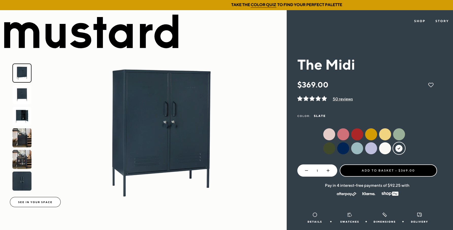 Screenshot of Mustard Made US The Midi Cabinet in slate to show their see in your space button that powers a digital showroom, product experiences, and ecommerce transformation.