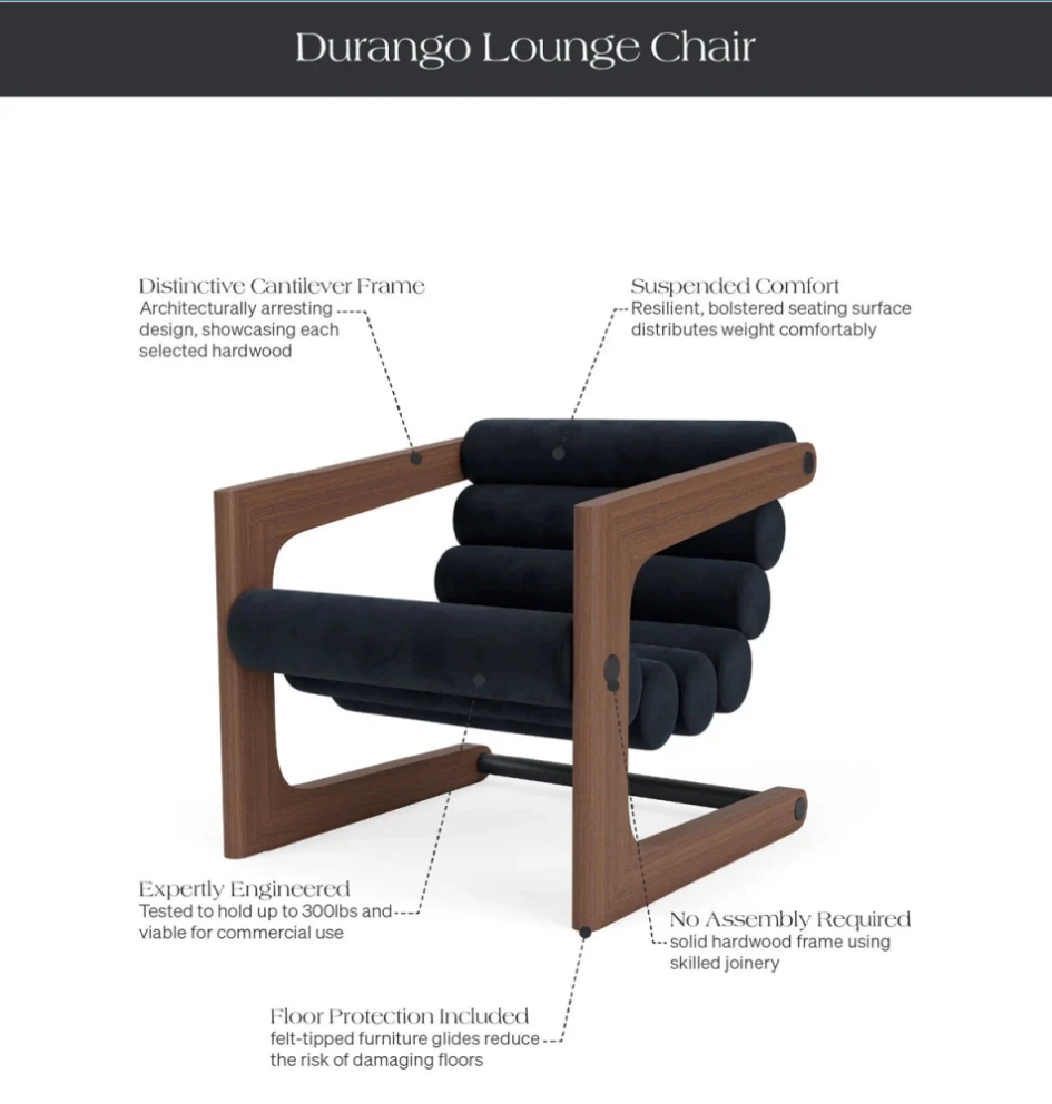 Denver Modern Durango Lounge Chair illustrates detailed product features with their product experience, such as craftsmanship and materials, providing a showroom experience of a digital brand with enhanced content.