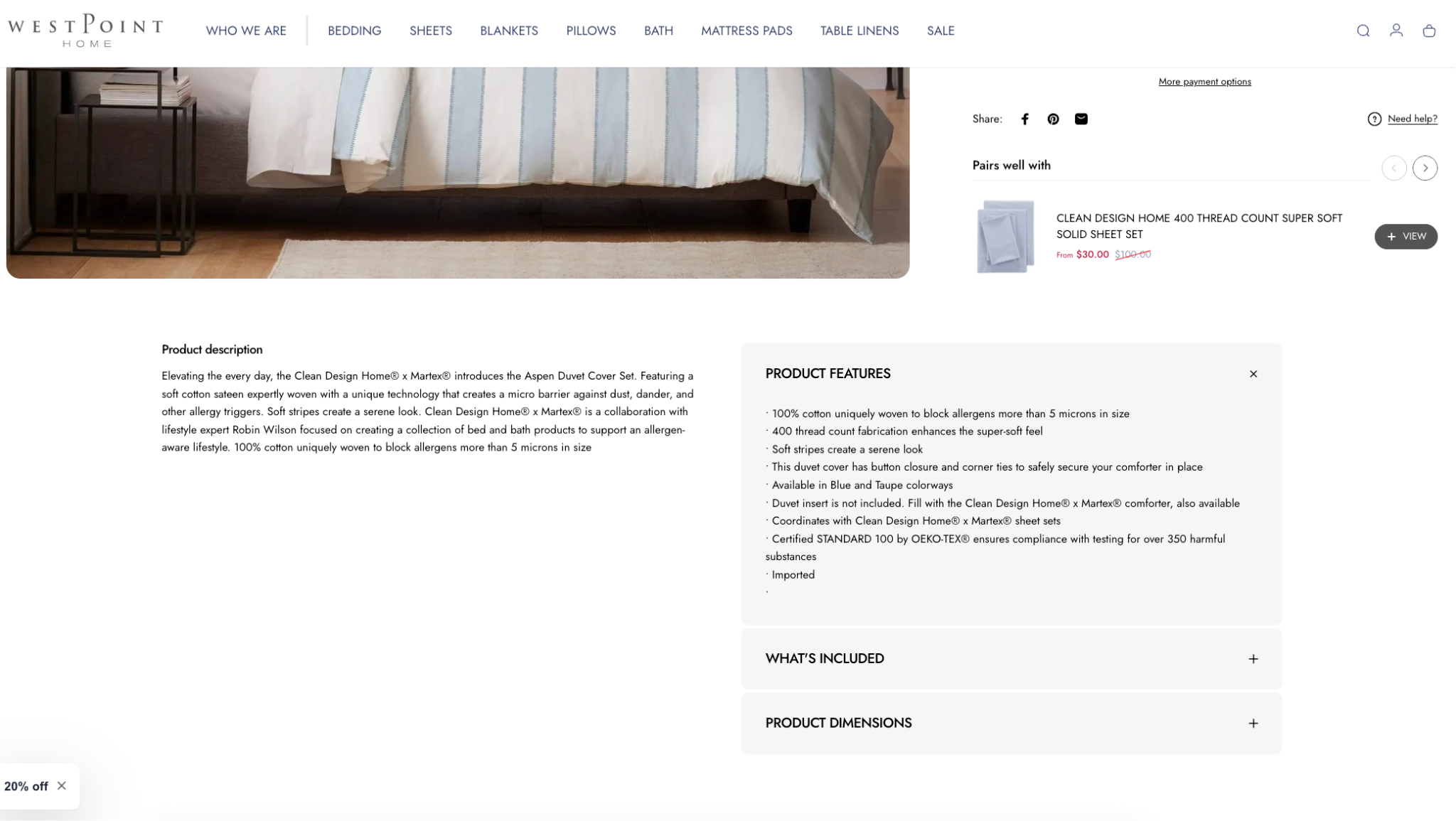 WestPoint Home’s duvet listing highlights product features, compatible products, and recommends “pairs well with” to provide a showroom experience, product experiences, and ecommerce transformation.