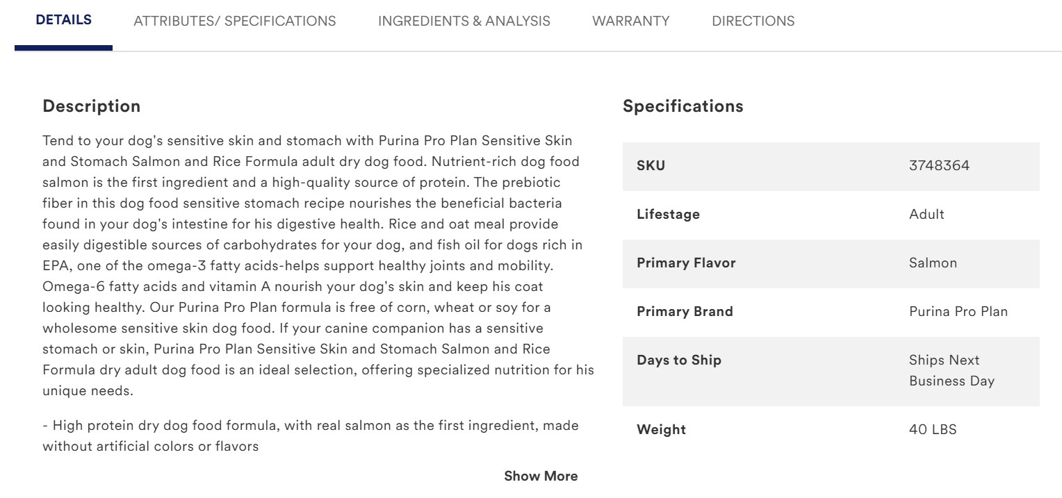 An example of comprehensive PDP product information for the petcare shopping journey.