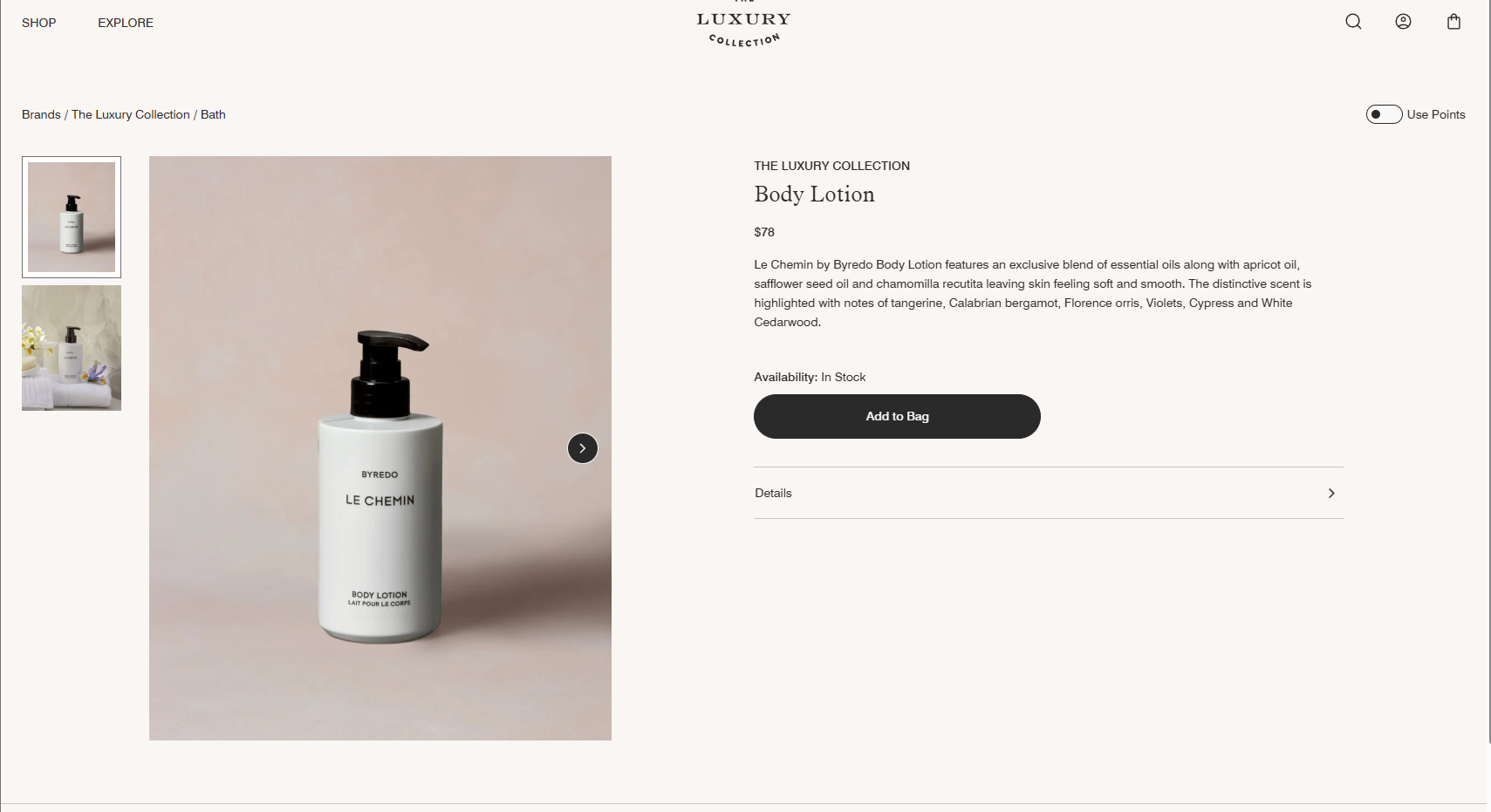 Screenshot of the Le Chemin by Byredo Body Lotion sold through the Marriott and offered as part of the hotel chain’s brand experiences and designing brand experiences